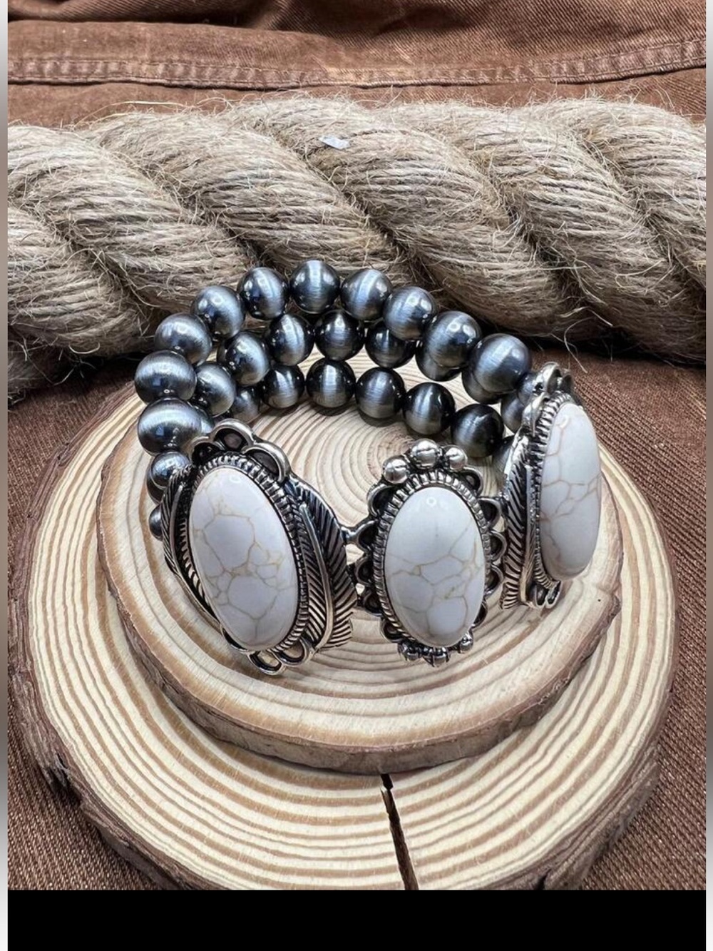 New! Western Boho Faux White Buffalo Turquoise and Silver Statement Bracelet